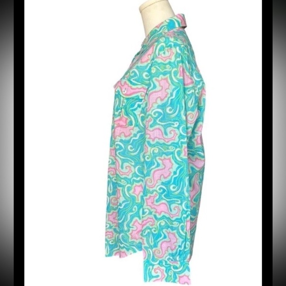 Lilly Pulitzer Resort fit button down 100% Cotton Seahorse Preppy Pink Green M - Picture 5 of 11